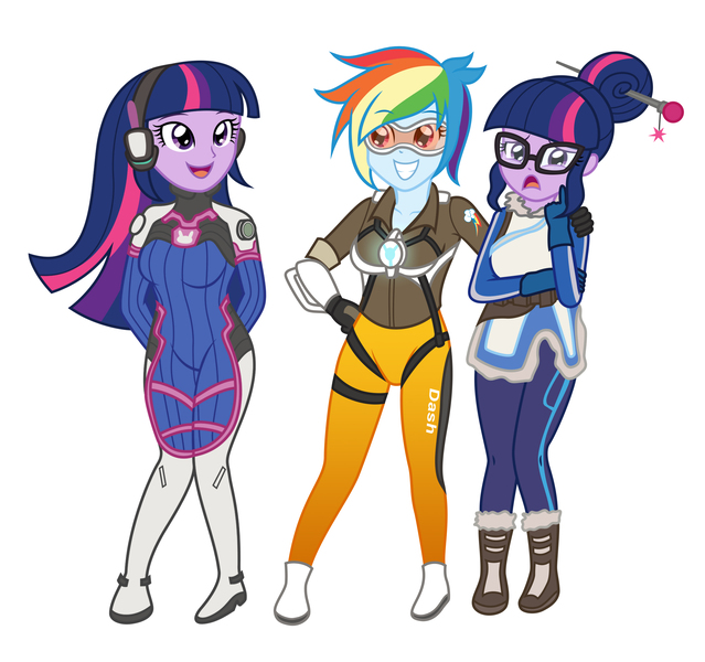 Size: 2227x2091 | Tagged: safe, artist:sumin6301, derpibooru import, rainbow dash, sci-twi, twilight sparkle, equestria girls, analiz sánchez, clothes, crossover, d.va, german, glasses, julia meynen, latin american, mei, open mouth, overwatch, rainbow tracer, simple background, tracer, twolight, voice actor joke, white background