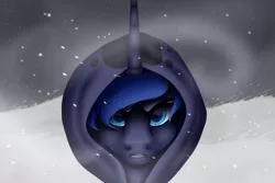 Size: 1567x1045 | Tagged: artist:z0mb1e-cat, derpibooru import, looking at you, lunadoodleloak, princess luna, safe, snow, snowfall, solo, spirit of hearth's warming yet to come