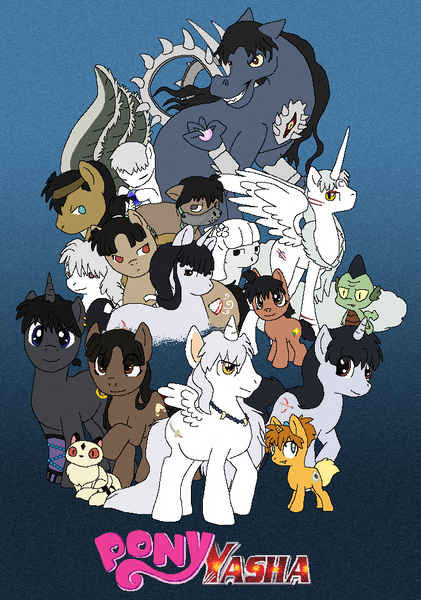 Size: 666x950 | Tagged: safe, artist:miiroku, derpibooru import, ponified, draconequus, dragon, pony, draconequified, dragonified, hakudoshi, inuyasha, inuyasha (character), jaken, kagome higurashi, kagura, kanna, kikyo, koga, kohaku, miroku, naraku, rin, sango, sesshomaru, shippo, species swap, the infant