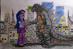 Size: 2799x1909 | Tagged: safe, artist:bozzerkazooers, derpibooru import, twilight sparkle, human, kaiju, equestria girls, city, crossover, female, giantess, godzilla, godzilla (monsterverse), godzilla (series), godzilla 2014, handshake, humanized, macro, traditional art