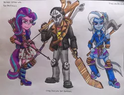 Size: 1024x781 | Tagged: safe, artist:bozzerkazooers, derpibooru import, starlight glimmer, trixie, equestria girls, arrow, baseball bat, bow (weapon), bow and arrow, casey jones, crossover, equestria girls-ified, teenage mutant ninja turtles, traditional art, weapon