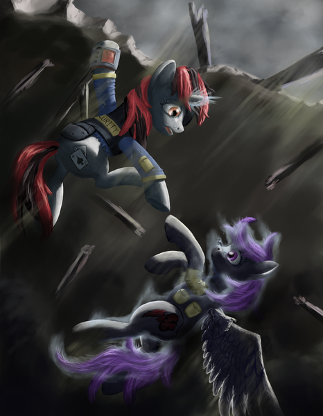 Size: 3108x4000 | Tagged: amputee, artist:morevespenegas, derpibooru import, falling, fallout equestria, fallout equestria: project horizons, fanfic art, female, gloryjack, hanging, lesbian, missing limb, missing wing, oc, oc:blackjack, oc:morning glory (project horizons), oc x oc, one winged pegasus, safe, shipping, stump, unofficial characters only