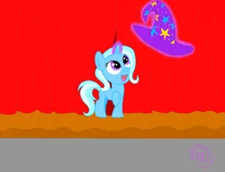 Size: 1280x981 | Tagged: safe, artist:marewile, derpibooru import, trixie, pony, unicorn, clothes, cute, female, filly, happy, hat, mare, solo, stage, trixie's hat, younger