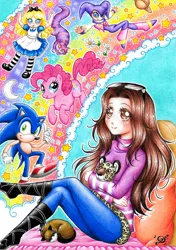 Size: 752x1066 | Tagged: alice, alice in wonderland, artist:dayserosi, big cat, cat, cheshire cat, crossover, derpibooru import, flower, human, jaguar (animal), moon, nights, nights into dreams, plushie, rainbow, safe, saturn, self insert, sonic the hedgehog, sonic the hedgehog (series), stars, traditional art