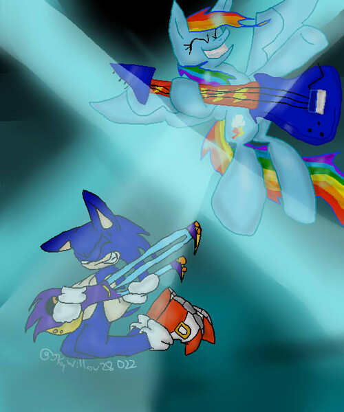 Size: 540x648 | Tagged: artist:skywillow28022, crossover, derpibooru import, guitar, musical instrument, rainbow dash, safe, sonic the hedgehog, sonic the hedgehog (series), sonic underground