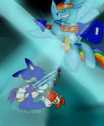Size: 540x648 | Tagged: artist:skywillow28022, crossover, derpibooru import, guitar, musical instrument, rainbow dash, safe, sonic the hedgehog, sonic the hedgehog (series), sonic underground