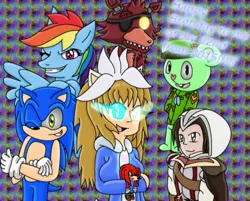 Size: 1274x1022 | Tagged: artist:charlotterulesofteam, assassin's creed, crossover, derpibooru import, ezio auditore, five nights at freddy's, flippy, foxy, happy tree friends, human, knuckles the echidna, oc, plushie, rainbow dash, safe, sans (undertale), silver the hedgehog, sonic the hedgehog, sonic the hedgehog (series), undertale