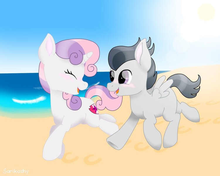 Size: 1024x819 | Tagged: artist:sarikashy, beach, blushing, cutie mark, derpibooru import, female, male, open mouth, rumbelle, rumble, safe, shipping, straight, sweetie belle, the cmc's cutie marks