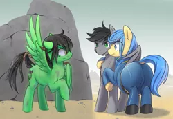 Size: 900x619 | Tagged: artist:dddddd2, chubby, clothes, derpibooru import, dusty's trails, fallout equestria, hug, oc, oc:dusty shelf, oc:spring zephyr, oc:toxic, raider, safe, the ass was fat, unofficial characters only, vault suit, winghug