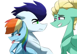 Size: 3484x2456 | Tagged: safe, artist:sapphireartemis, derpibooru import, rainbow dash, soarin', zephyr breeze, pony, female, jealous soarin', male, shipping, simple background, soarindash, straight, this will end in pain, this will end in tears, transparent background