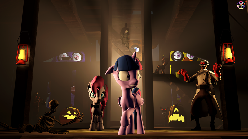 Size: 1920x1080 | Tagged: safe, artist:danj16, derpibooru import, pinkie pie, twilight sparkle, twilight sparkle (alicorn), alicorn, pony, undead, zombie, zombie pony, 3d, bone, five nights at freddy's, halloween, holiday, jack-o-lantern, medic, pumpkin, skeleton, source filmmaker, team fortress 2