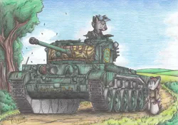 Size: 2329x1636 | Tagged: a34 comet, artist:patoriotto, clothes, derpibooru import, oc, oc:akira, oc:stormy, safe, tank (vehicle), traditional art, uniform, unofficial characters only, world war ii, zebra