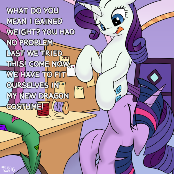 Size: 1618x1618 | Tagged: questionable, artist:suspega, derpibooru import, rarity, twilight sparkle, pony, unicorn, bulletin board, carousel boutique, casual vore, clothes, costume, crackle's cousin, dialogue, door, dragon costume, duo, duo female, endosoma, eyes closed, female, females only, fetish, gulp, insulted, mare, non-fatal vore, oral vore, pin, rariprey, same size vore, soft vore, swallowing, text, thread, throat bulge, twipred, vore, willing vore, window
