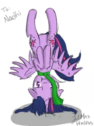 Size: 1050x1400 | Tagged: safe, artist:lilmisswaffles, derpibooru import, twilight sparkle, twilight sparkle (alicorn), alicorn, pony, balancing, both cutie marks, headstand, necktie, solo, unsure, upside down