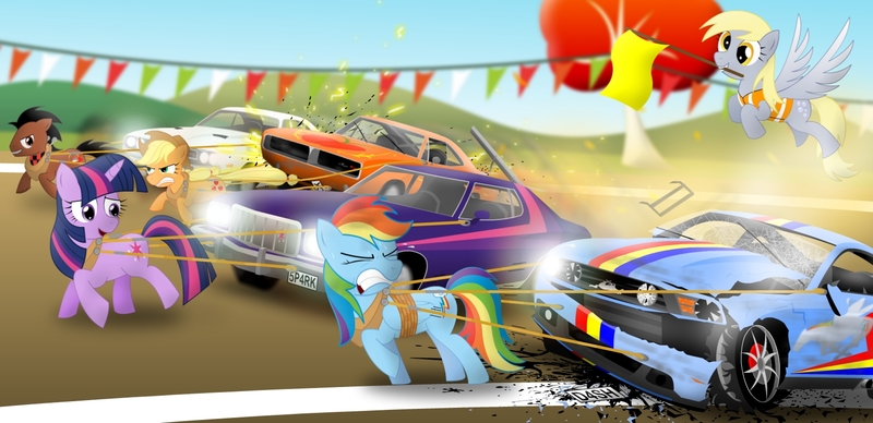 Size: 1650x800 | Tagged: safe, artist:gonein10seconds, derpibooru import, applejack, derpy hooves, rainbow dash, twilight sparkle, oc, pegasus, pony, car, dodge (car), dodge challenger, dodge charger, female, ford, ford torino, mare, race