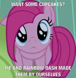 Size: 778x800 | Tagged: safe, artist:badumsquish, derpibooru import, edit, part of a set, pinkie pie, earth pony, pony, fanfic:cupcakes, badumsquish's kitties, bronybait, caption, cloud, cute, cuteamena, female, image macro, implied cupcakes, looking at you, looking up, meme, pinkamena diane pie, puppy dog eyes, sad, sitting, solo, text, this will end in tears, woobie