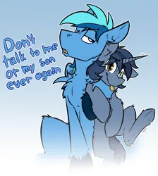 Size: 2182x2430 | Tagged: safe, artist:ralek, derpibooru import, oc, oc:b.b., oc:umami stale, unofficial characters only, pegasus, pony, unicorn, :p, don't talk to me or my son ever again, fluffy, frown, glare, holding, looking at you, meme, one eye closed, open mouth, size difference, smiling, talking to viewer, tongue out, underhoof, wink