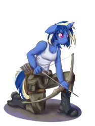 Size: 1024x1365 | Tagged: safe, artist:alasou, deleted from derpibooru, derpibooru import, oc, oc:enyo, unofficial characters only, anthro, plantigrade anthro, unicorn, arrow, boots, bow (weapon), bow and arrow, clothes, dirty, shoes, solo, tanktop, weapon