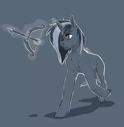 Size: 810x829 | Tagged: safe, artist:annasko, derpibooru import, oc, oc:enyo, unofficial characters only, pony, unicorn, arrow, black and white, bow (weapon), bow and arrow, grayscale, monochrome, solo, weapon