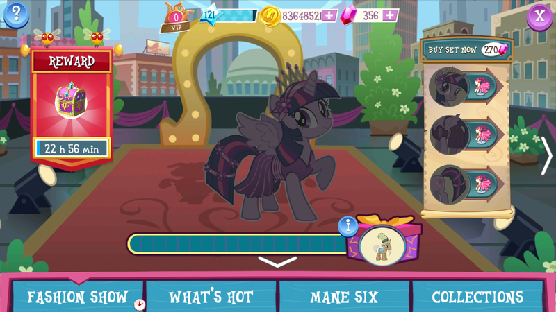 Size: 1280x720 | Tagged: safe, derpibooru import, mr breezy, twilight sparkle, twilight sparkle (alicorn), alicorn, pony, clothes, crack is cheaper, dress, gameloft, vip, why gameloft why