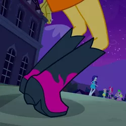 Size: 720x720 | Tagged: safe, derpibooru import, screencap, fluttershy, pinkie pie, rarity, spike, sunset shimmer, dog, equestria girls, equestria girls (movie), boots, cropped, fall formal outfits, hat, high heel boots, legs, night, night sky, pictures of legs, shoes, sky, spike the dog, top hat