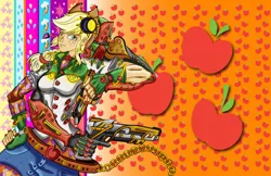 Size: 1224x792 | Tagged: safe, artist:brother-lionheart, derpibooru import, applejack, oc, oc:gunface, equestria girls, gun, gunface, jean pierre polnareff, jojo pose, jojo's bizarre adventure, stand, wallpaper, weapon