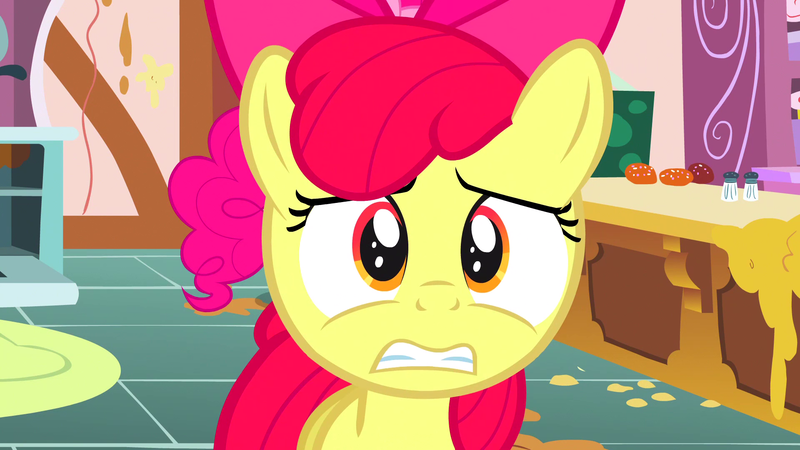 Size: 1920x1080 | Tagged: safe, derpibooru import, screencap, apple bloom, pinkie pie, pony, call of the cutie, gritted teeth, kitchen, scared, solo focus, sugarcube corner, sugarcube corner (interior), worried