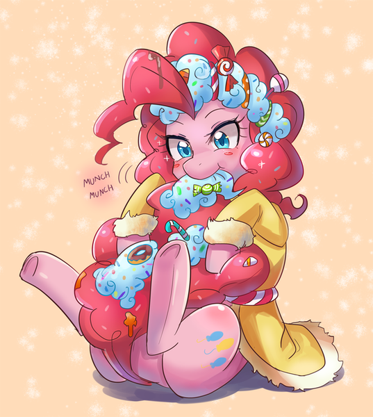 Size: 600x670 | Tagged: safe, artist:tzc, derpibooru import, pinkie pie, spirit of hearth's warming presents, earth pony, pony, biting, candy, female, food, mare, munching, nom, solo, sweets, tail bite, underhoof