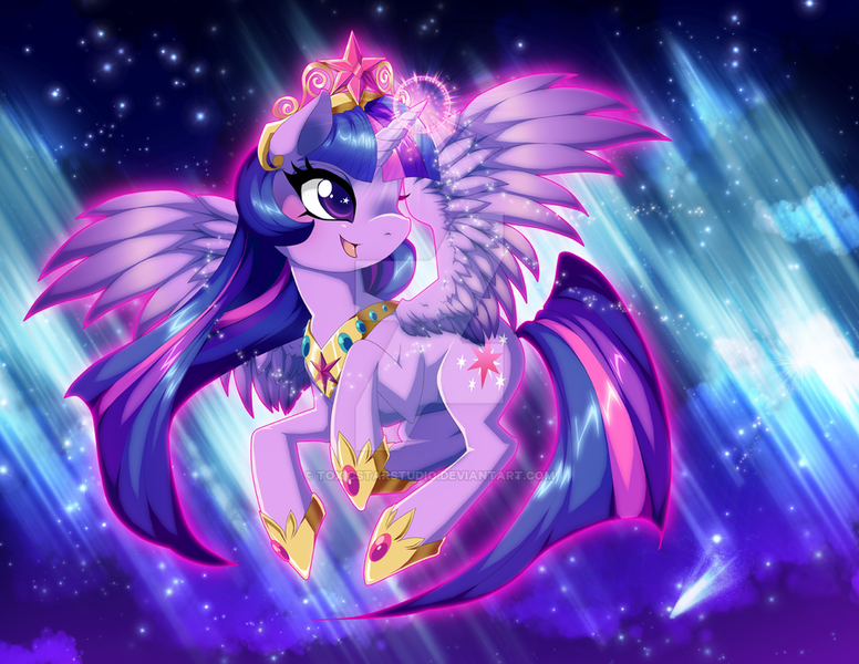 Size: 900x696 | Tagged: safe, artist:toxicstarstudio, derpibooru import, twilight sparkle, twilight sparkle (alicorn), alicorn, pony, glowing horn, horn, jewelry, regalia, solo, starry eyes, watermark, wingding eyes