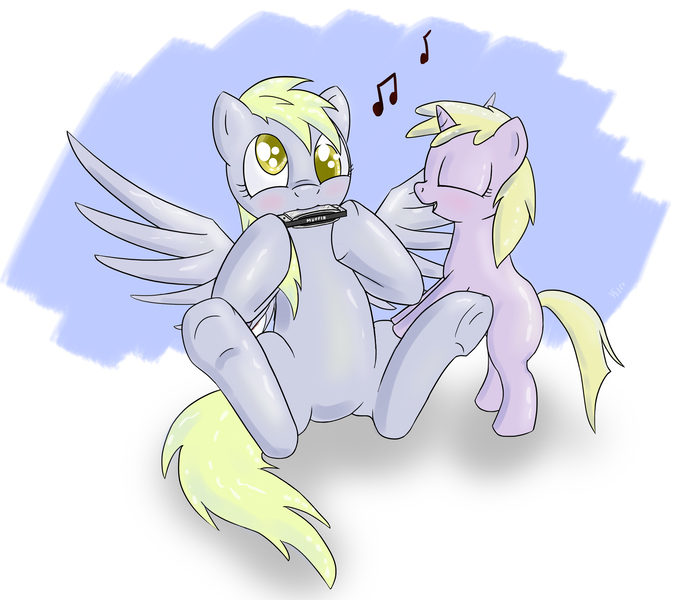 Size: 2000x1762 | Tagged: safe, artist:hieronymuswhite, derpibooru import, derpy hooves, dinky hooves, pegasus, pony, equestria's best mother, female, harmonica, mare, mother and child, mother and daughter, music notes, musical instrument, underhoof