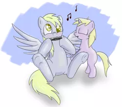 Size: 2000x1762 | Tagged: safe, artist:hieronymuswhite, derpibooru import, derpy hooves, dinky hooves, pegasus, pony, equestria's best mother, female, harmonica, mare, mother and child, mother and daughter, music notes, musical instrument, underhoof