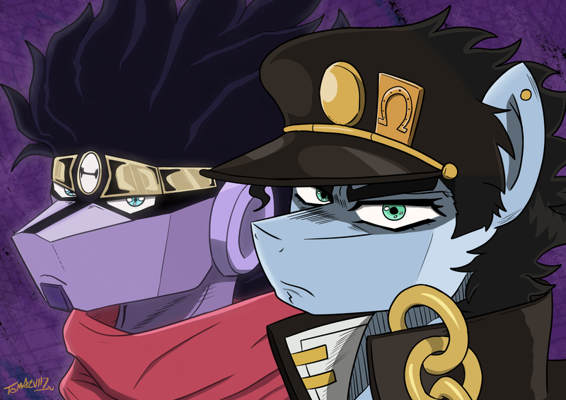 Size: 1700x1200 | Tagged: safe, artist:tomazii7, derpibooru import, ponified, pony, jojo's bizarre adventure, jotaro kujo, stand, star platinum, stardust crusaders, the mane is the hat