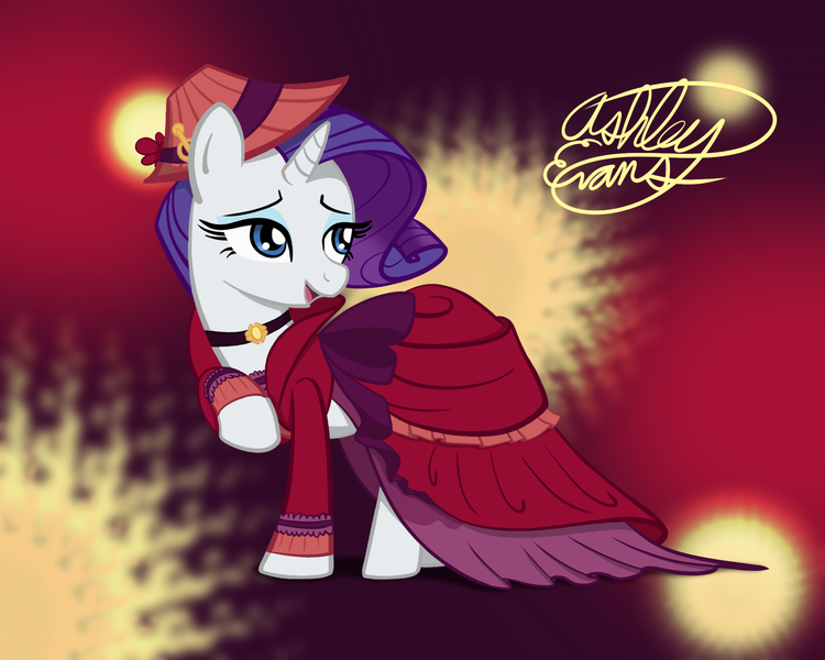 Size: 2000x1600 | Tagged: safe, artist:smooth-criminal-13, derpibooru import, merry, rarity, pony, unicorn, a hearth's warming tail, abstract background, choker, clothes, dress, hat, lidded eyes, raised hoof, smiling, solo