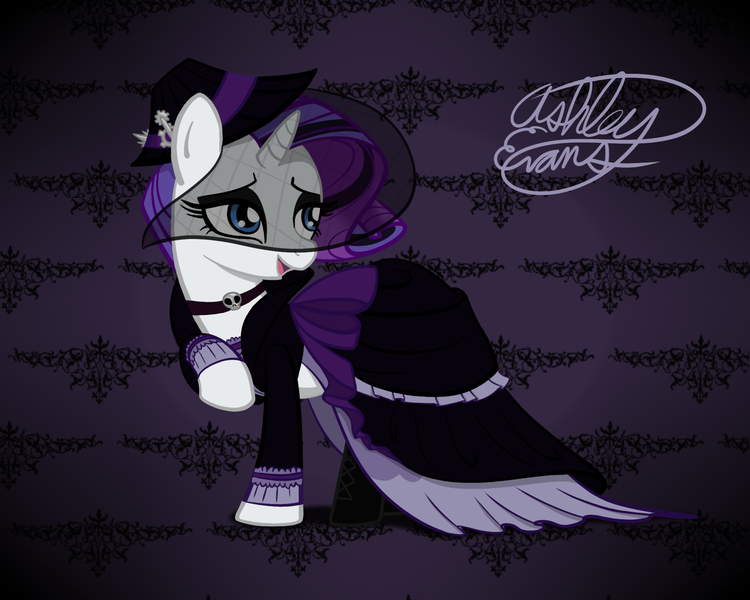 Size: 2000x1600 | Tagged: safe, alternate version, artist:smooth-criminal-13, derpibooru import, merry, rarity, pony, unicorn, a hearth's warming tail, abstract background, alternate costumes, choker, clothes, dress, goth, gothic, gothity, hat, lidded eyes, mascara, raised hoof, recolor, smiling, solo, veil