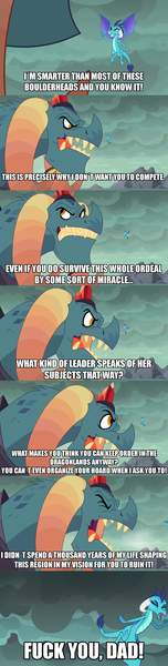 Size: 1280x5040 | Tagged: caption, comic, derpibooru import, disrespecting your parents now?, dragon, dragoness, dragon lord torch, duo, edit, edited screencap, father and child, father and daughter, female, gauntlet of fire, image macro, language, male, meme, princess ember, safe, screencap, swearing, teenaged dragon, text, vulgar