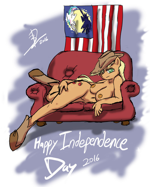 Size: 3200x4000 | Tagged: 4th of july, anthro, applejack, applejack's hat, artist:threewontoo, boots, breasts, couch, cowboy boots, cowboy hat, derpibooru import, female, flag, hat, holiday, nipples, nudity, princess celestia, princess luna, questionable, shoes, side, solo, solo female, unguligrade anthro