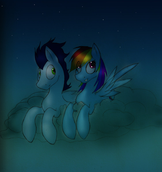 Size: 4552x4849 | Tagged: safe, artist:xenalollie, deleted from derpibooru, derpibooru import, rainbow dash, soarin', pony, absurd resolution, cloud, dark, female, male, night, night sky, shipping, sky, soarindash, straight