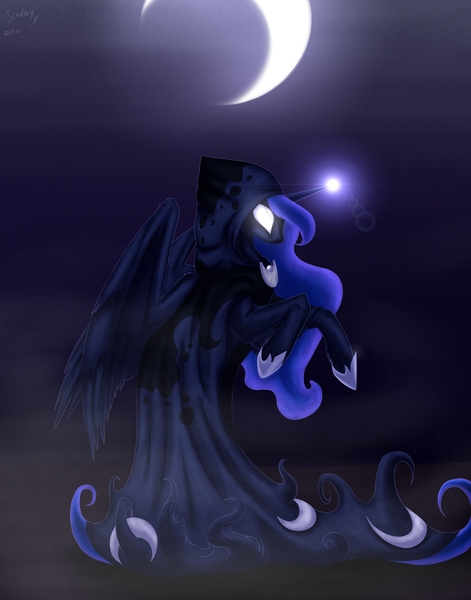 Size: 4400x5600 | Tagged: absurd resolution, a hearth's warming tail, artist:sinderynaralex, cloak, clothes, derpibooru import, glowing eyes, magic, moon, princess luna, safe, solo, spirit of hearth's warming yet to come