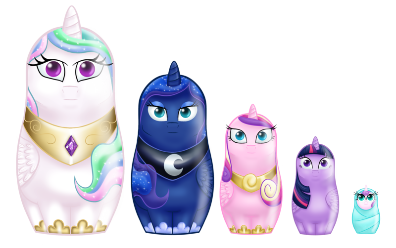 Size: 2992x1876 | Tagged: safe, artist:meskitt, derpibooru import, princess cadance, princess celestia, princess flurry heart, princess luna, twilight sparkle, twilight sparkle (alicorn), alicorn, pony, :|, alicorn pentarchy, matryoshka, matryoshka doll, wat