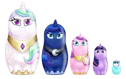 Size: 2992x1876 | Tagged: safe, artist:meskitt, derpibooru import, princess cadance, princess celestia, princess flurry heart, princess luna, twilight sparkle, twilight sparkle (alicorn), alicorn, pony, :|, alicorn pentarchy, matryoshka, matryoshka doll, wat