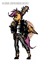 Size: 658x945 | Tagged: anthro, artist:lya, baseball bat, clothes, derpibooru import, grumpy, jacket, jeans, kezsüel, pants, pegasus, post-apocalyptic, roleplaying, safe, scootaloo, solo, standing, unguligrade anthro, wings