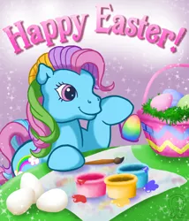 Size: 1080x1262 | Tagged: artist:anscathmarcach, basket, derpibooru import, easter, easter basket, easter egg, g3, holiday, paintbrush, rainbow dash, rainbow dash (g3), safe, solo