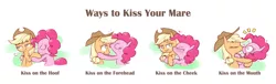 Size: 1762x533 | Tagged: safe, artist:raridashdoodles, derpibooru import, applejack, pinkie pie, pony, applejack's hat, applepie, blushing, breath, comic, cowboy hat, cute, eyes closed, female, hat, heart, kissing, lesbian, mare, raised eyebrow, shipping, smiling, stetson, surprise kiss, surprised, sweat, ways to kiss your mare