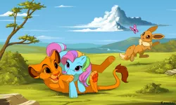 Size: 900x540 | Tagged: artist:kamirah, butterfly, crossover, derpibooru import, eevee, g3, pokémon, rainbow dash, rainbow dash (g3), safe, simba, the lion king