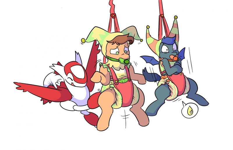 Size: 1280x824 | Tagged: questionable, artist:tato, derpibooru import, oc, unofficial characters only, bat pony, latias, pony, baby bouncer, diaper, diaper fetish, fetish, harness, jester, oc x pokémon, pacifier gag, pissing, pokémon, poofy diaper, tack, tickle fetish, tickle torture, tickling, urine, wet diaper, wetting