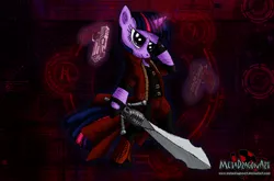 Size: 3037x2008 | Tagged: safe, artist:metadragonart, derpibooru import, twilight sparkle, dante (devil may cry), devil may cry, devil may cry 4, gun, solo, sword, weapon