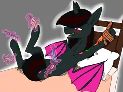 Size: 1024x765 | Tagged: suggestive, alternate version, artist:blackmoon545, derpibooru import, oc, oc:night rose (ice1517), unofficial characters only, alicorn, bat pony, bat pony alicorn, pony, alicorn oc, armpits, bat wings, bed, blushing, bondage, feather, fetish, hoof fetish, hoof tickling, horn, offscreen character, rope, rope bondage, solo, tattoo, tickle torture, tickling, toothbrush, wings