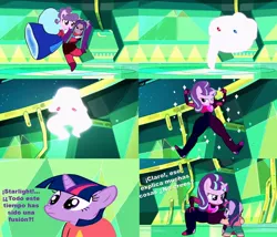 Size: 960x822 | Tagged: safe, derpibooru import, aria blaze, starlight glimmer, suri polomare, twilight sparkle, equestria girls, comic, fusion, garnet (steven universe), ruby (steven universe), sapphire (steven universe), spanish, steven universe, translated in the description