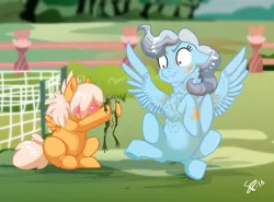Size: 1963x1455 | Tagged: safe, artist:vindhov, derpibooru import, oc, oc:bumblebee, oc:silver lining (vindhov), unofficial characters only, frog, pegasus, pony, bandaid, blushing, chest fluff, colt, female, hidden eyes, male, mare, offspring, parent:fluttershy, parent:ponet, parent:rainbow dash, parent:wind rider, parents:ponetshy, parents:windash, ruffled feathers, scrunchy face, story included