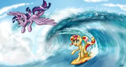 Size: 3866x2059 | Tagged: safe, artist:gaelledragons, derpibooru import, sunset shimmer, twilight sparkle, twilight sparkle (alicorn), alicorn, pony, unicorn, ocean, surfing